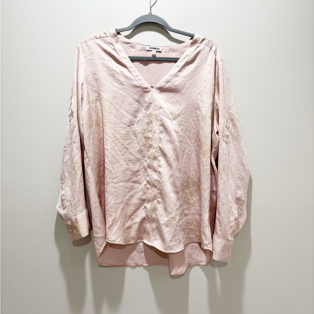 Express Light Pink Rose Champagne Shimmer V-Neck Long Sleeve Blouse XL